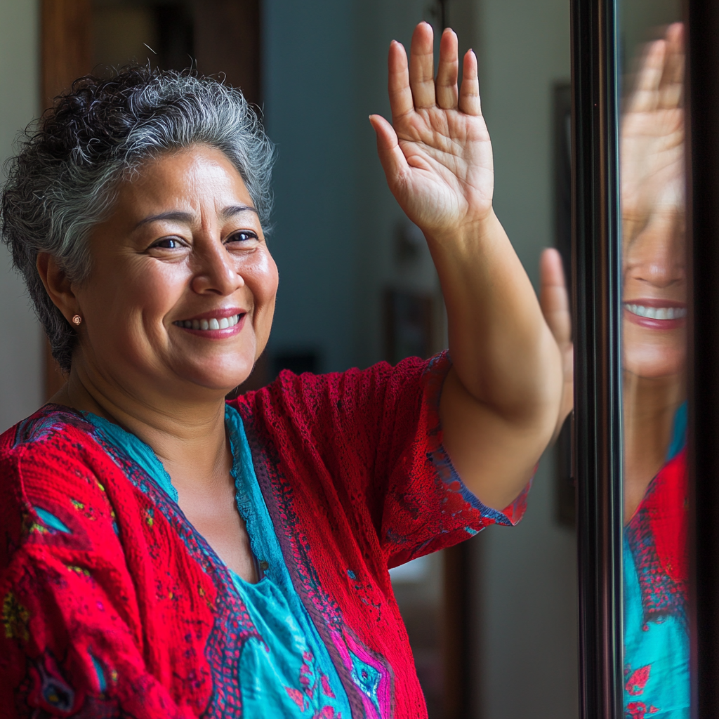 Happy Hispanic woman playfully celebrating in mirror reflection.