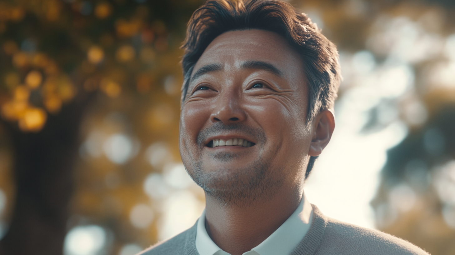 Happy South Korean man in golf attire smiling.