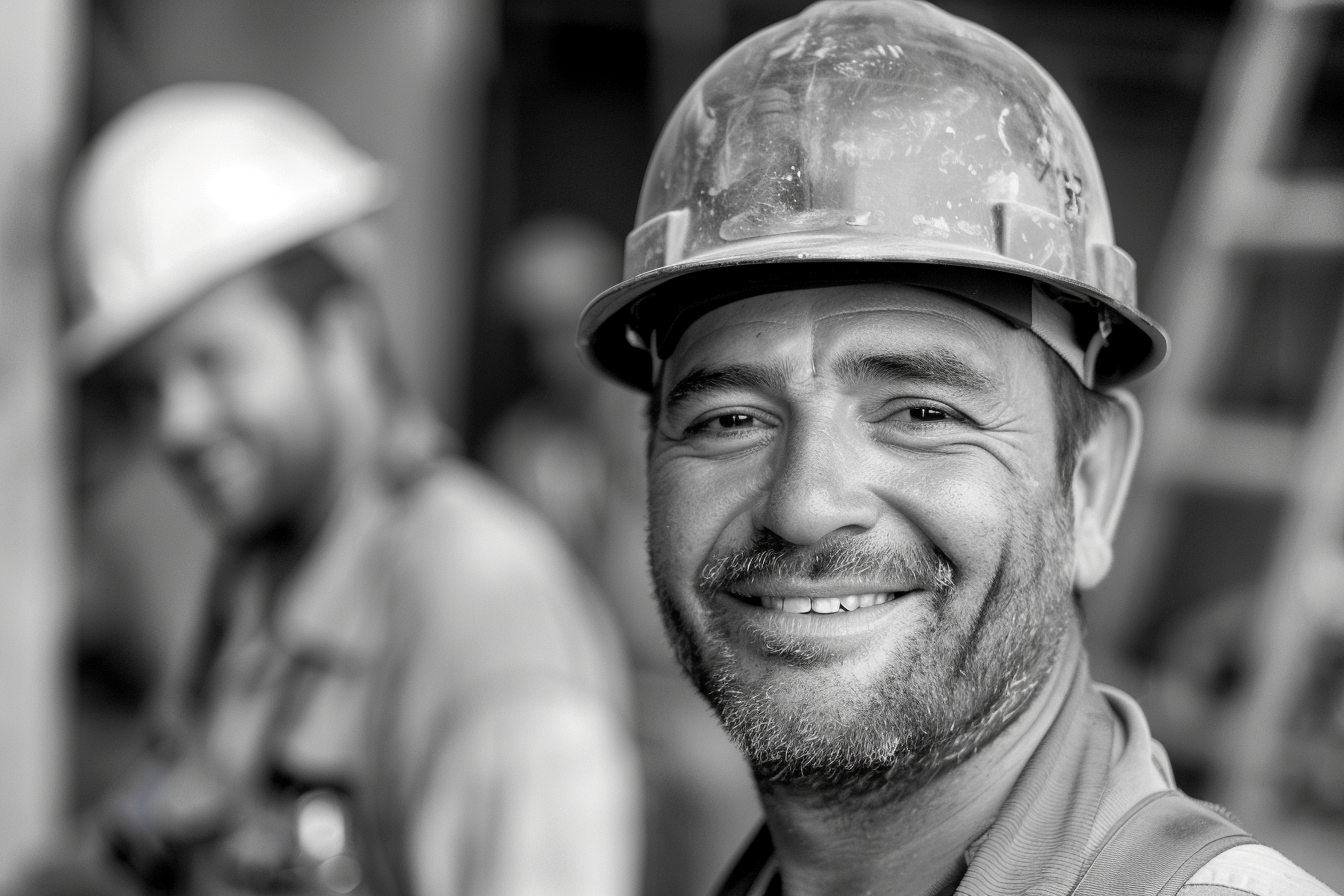 Happy construction worker smiling with colleagues in background.