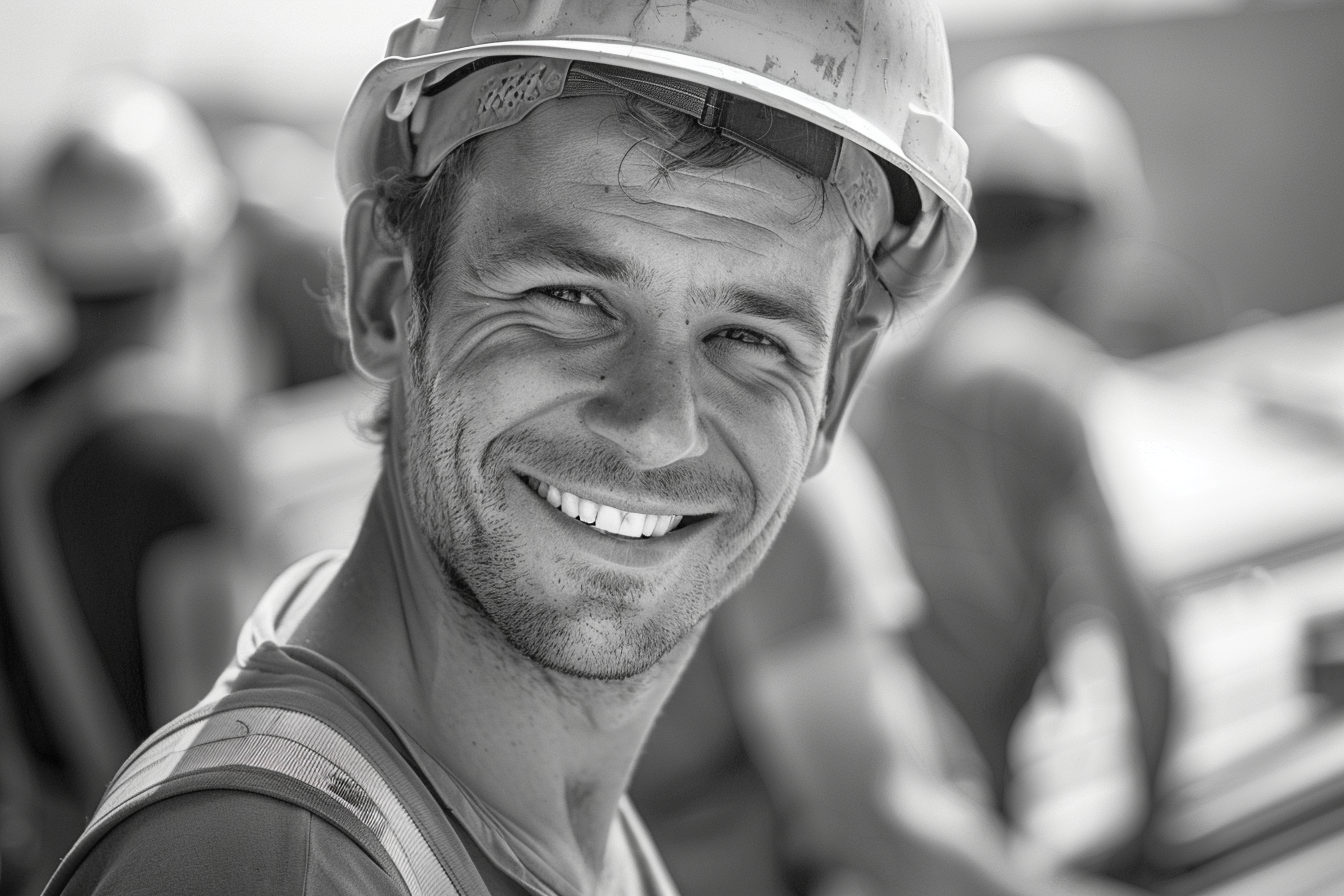 Happy construction worker with colleagues on rooftop PV installation.