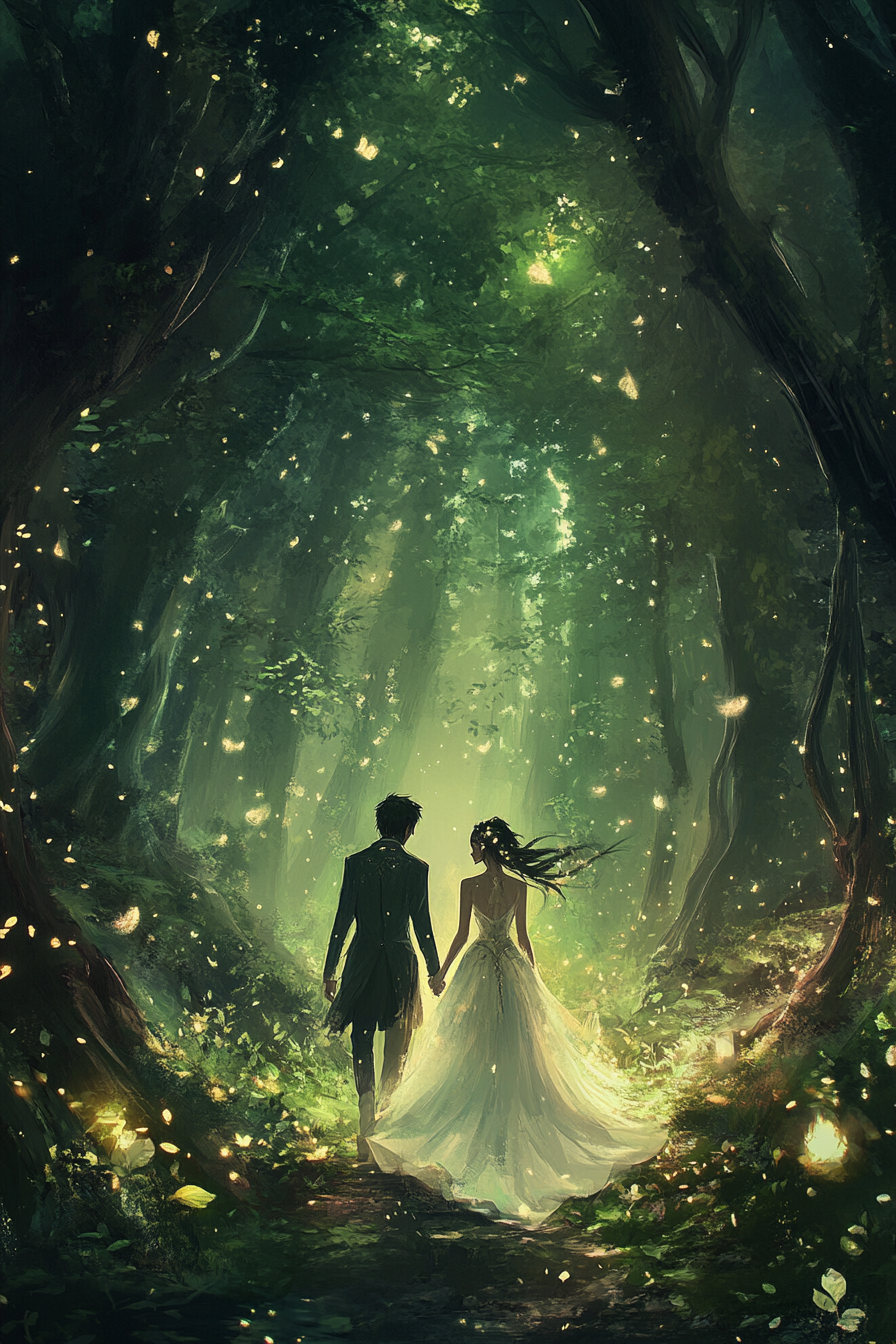 Happy couple walking through glowing, enchanted forest.