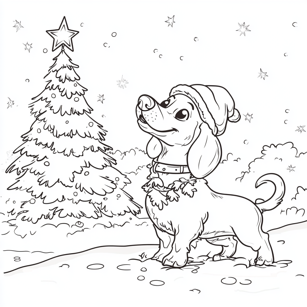 Happy dachshund playing in snow with Christmas tree.