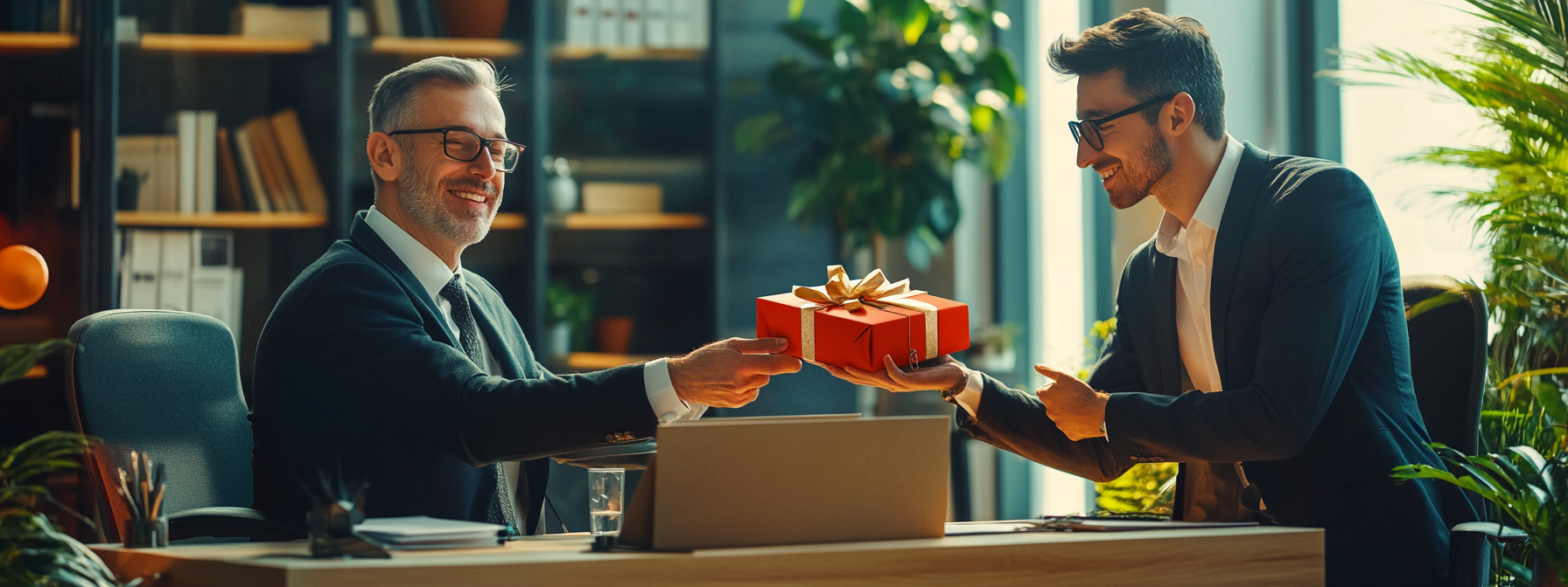 Happy male boss receiving gift from employee, both smiling.