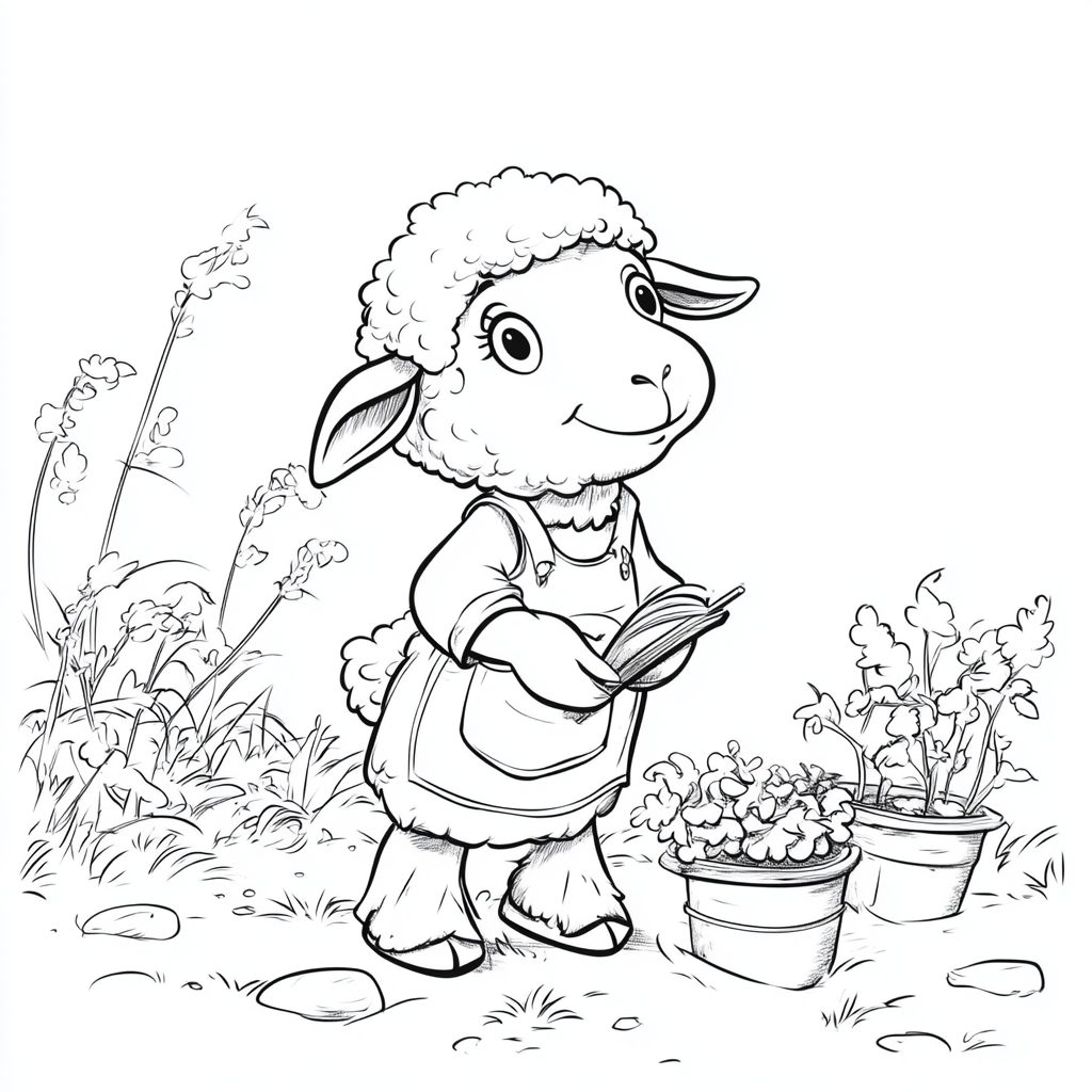 Happy sheep in garden outfit, black and white drawing.