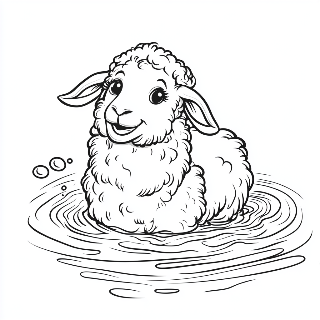 Happy sheep swimming in whirlpool, looking at camera.