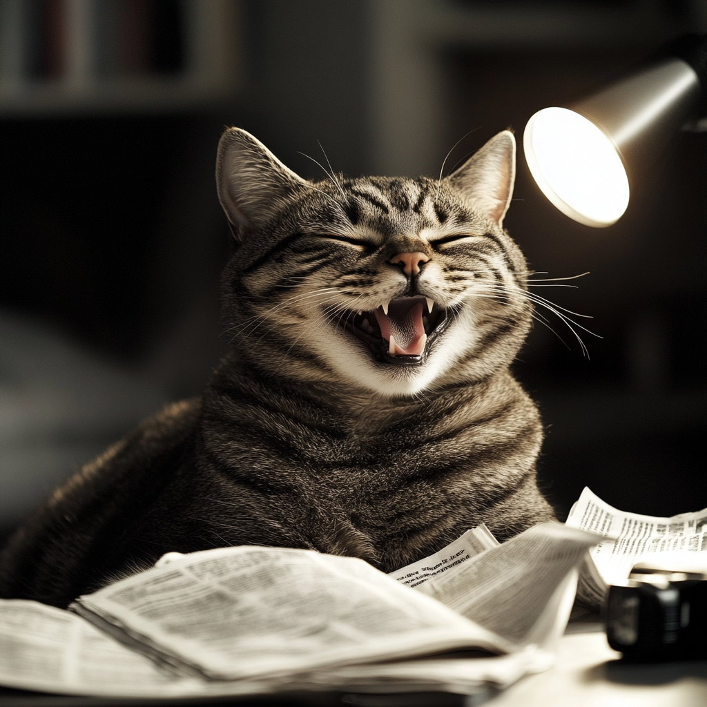 Happy tabby cat on journalist's desk with newspapers and flashlights