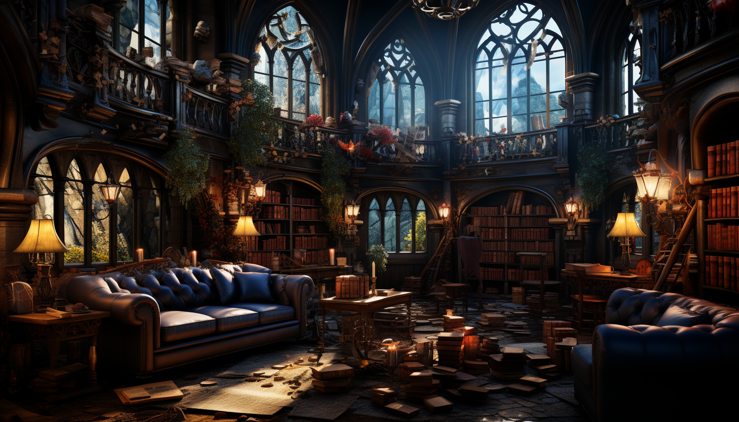 Haunted castle, library with lots of books, beauty.