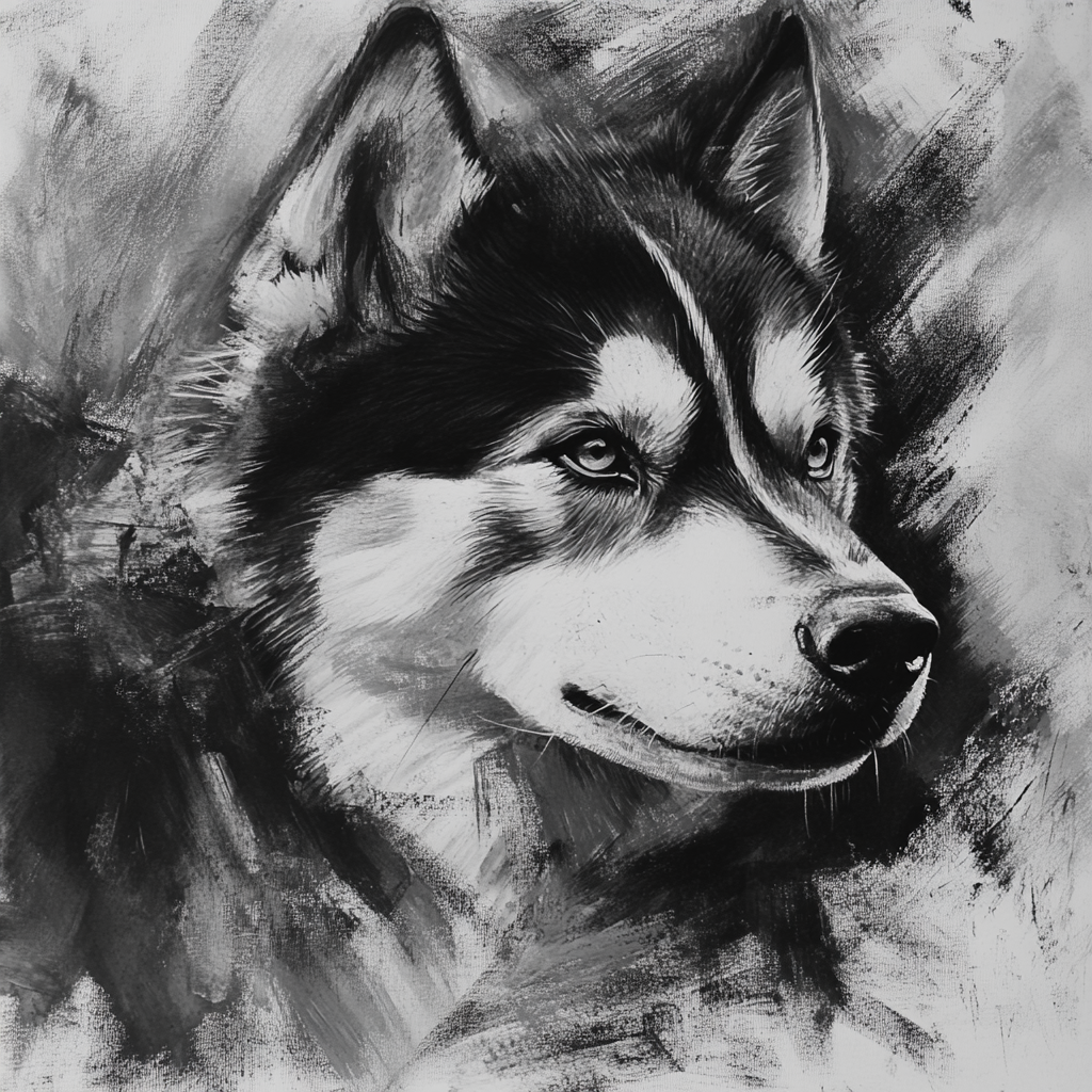 Head portrait of an Alaskan Malamute in black and white.