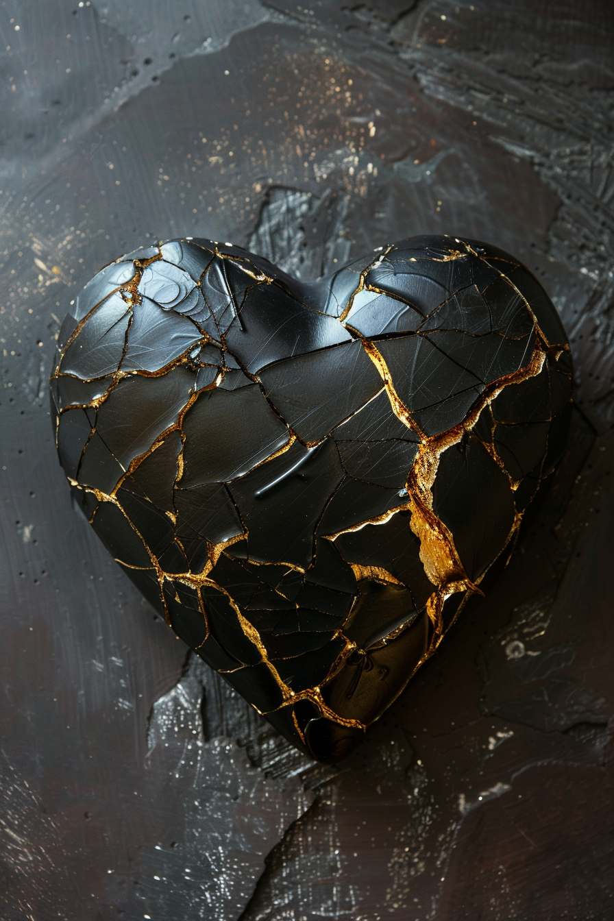 Heart mended with golden thread symbolizes beauty in brokenness.