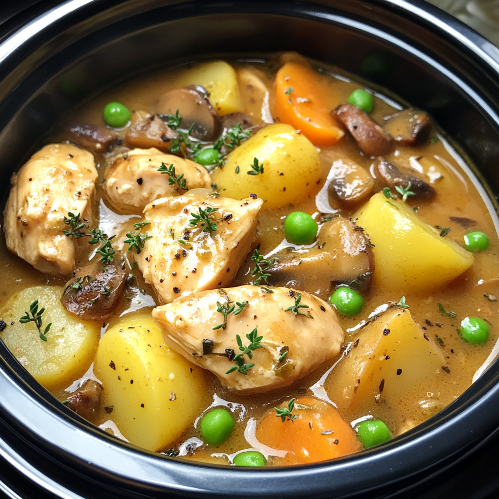 Hearty, creamy chicken stew with potatoes, carrots, peas, mushrooms.