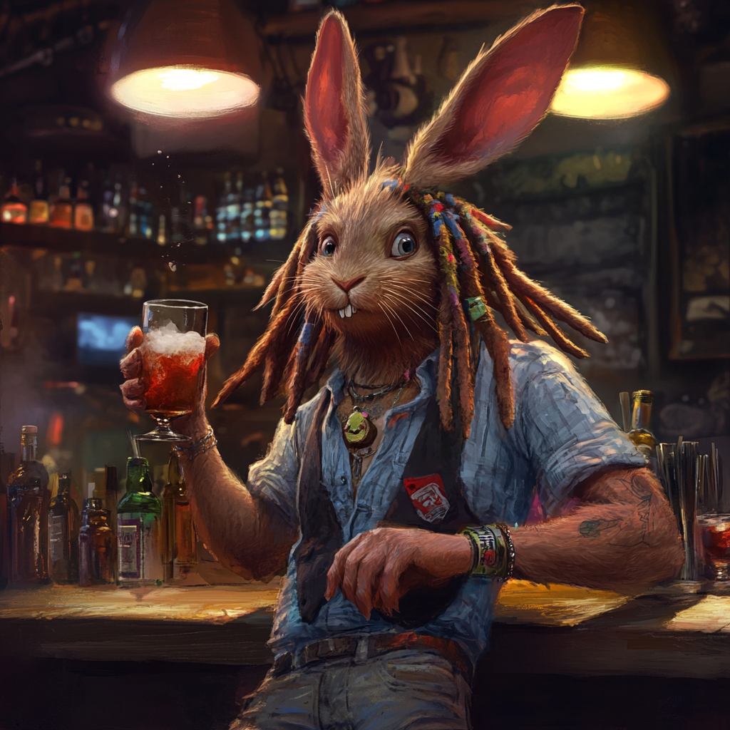 High-energy rabbit-person bartender with dreadlocks entices patrons.