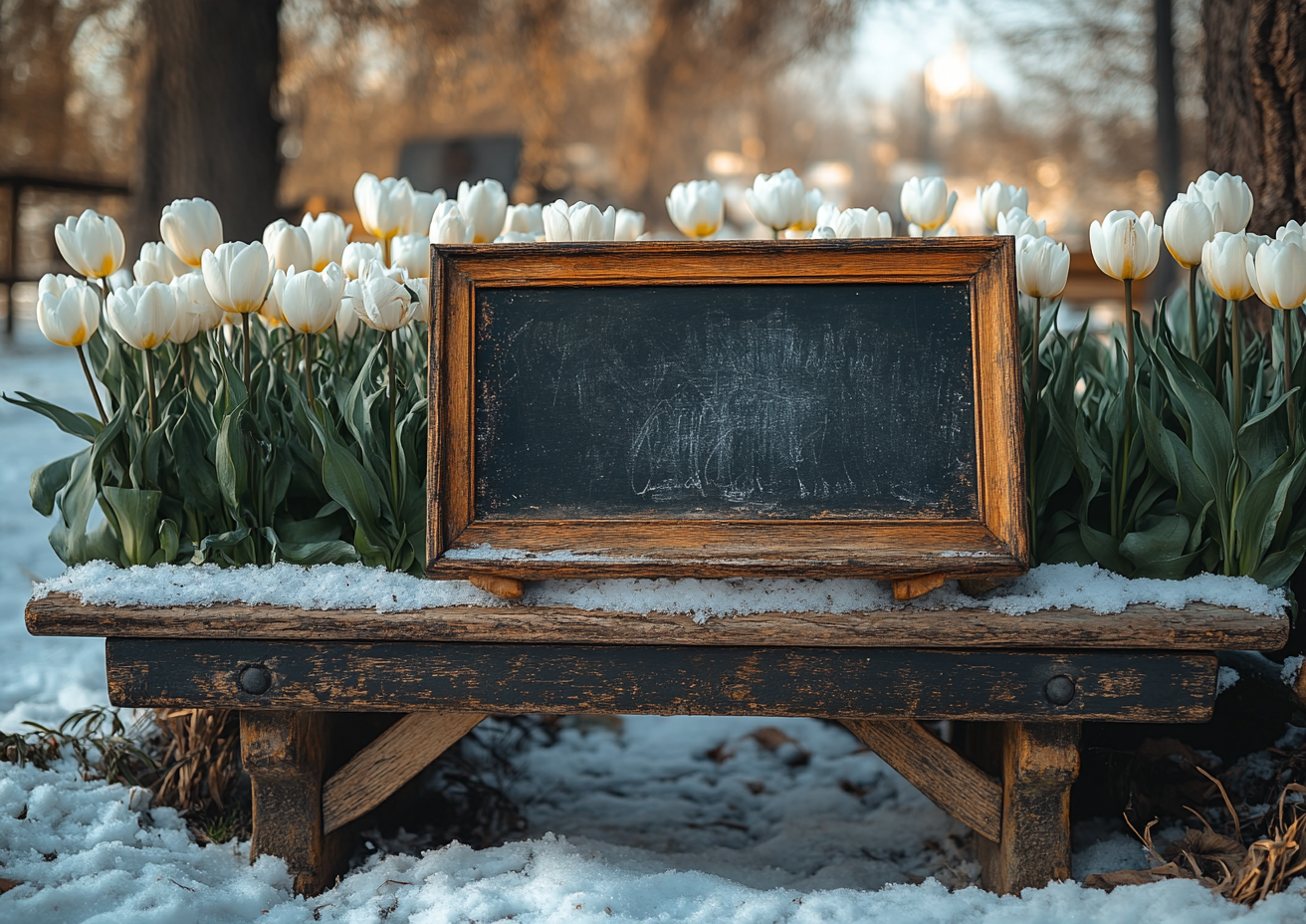 High quality photo of snowy park with flowers.