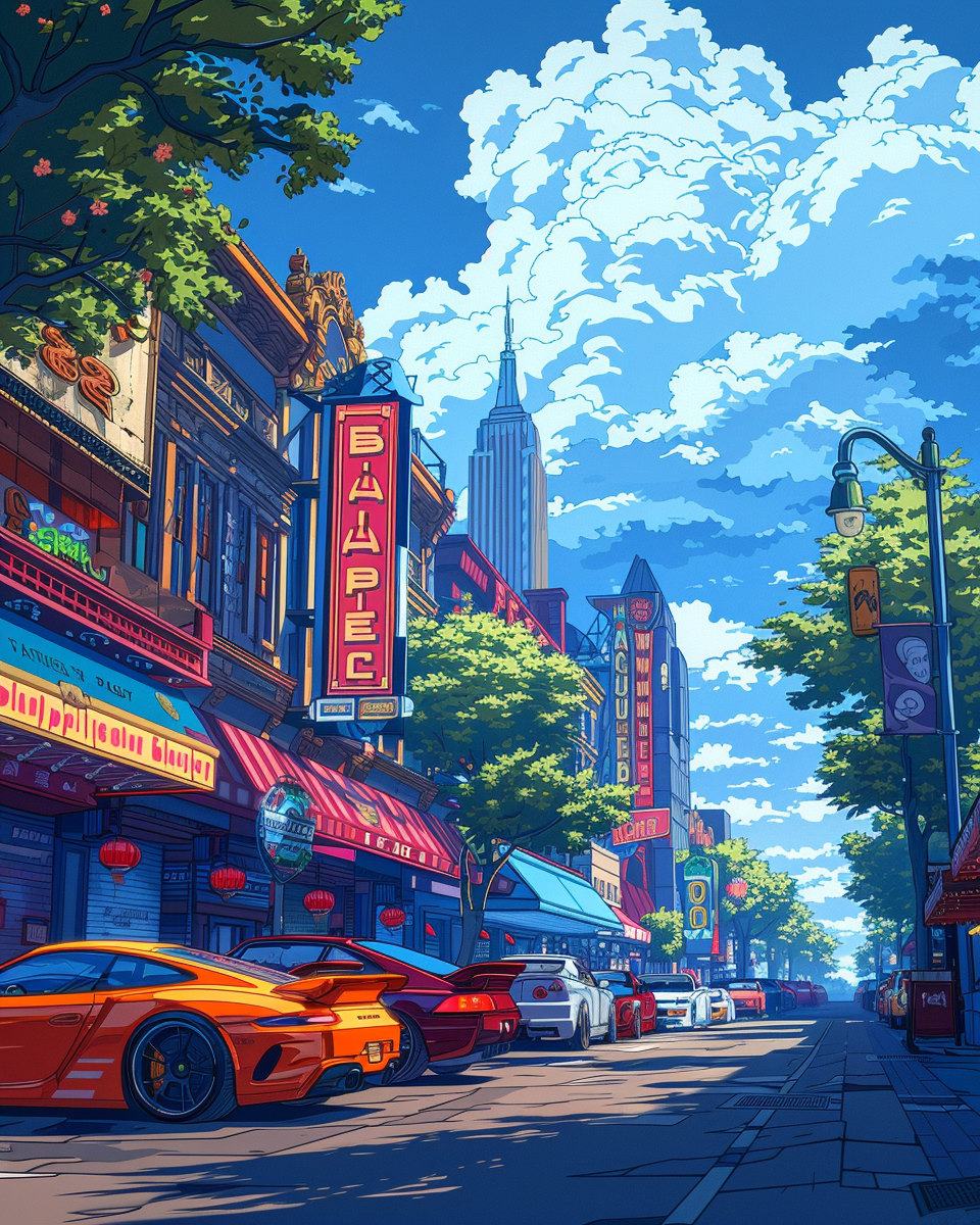 High res cartoon of night club with neon sign, sports cars, colorful illustration, eye pleasing.