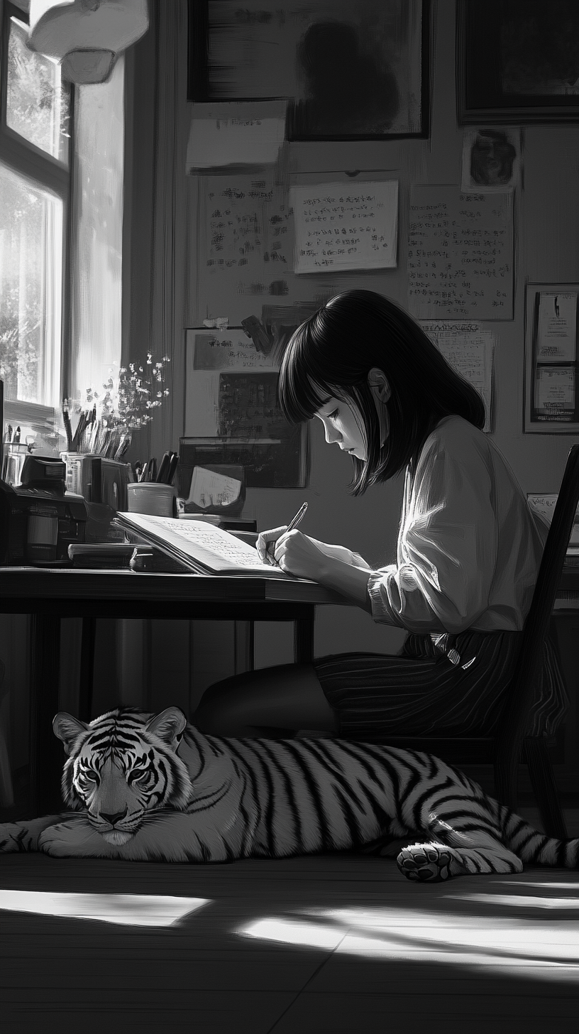 High resolution image of girl studying with tiger companion.