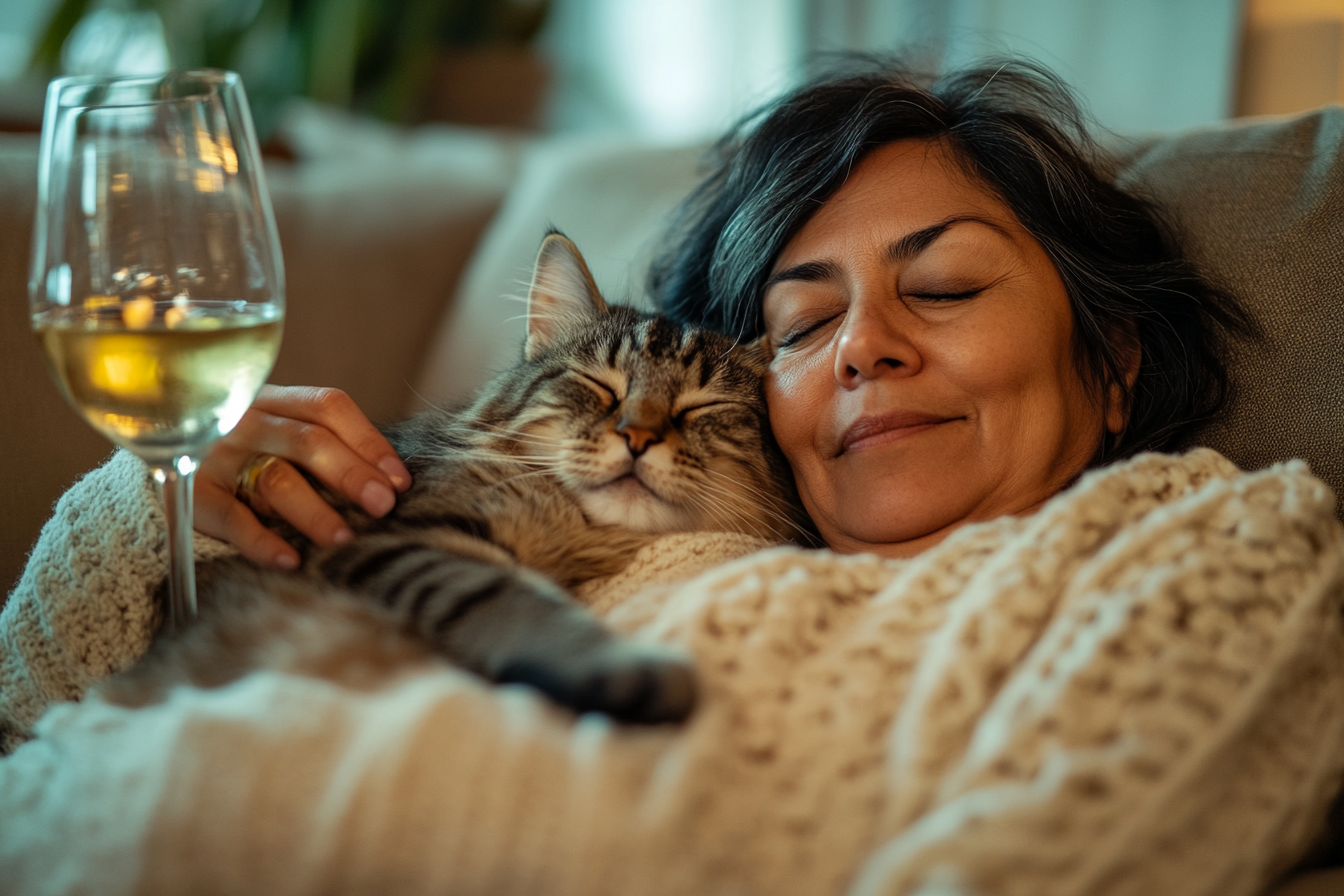 Hispanic woman relaxing with cat on couch, glass of wine.