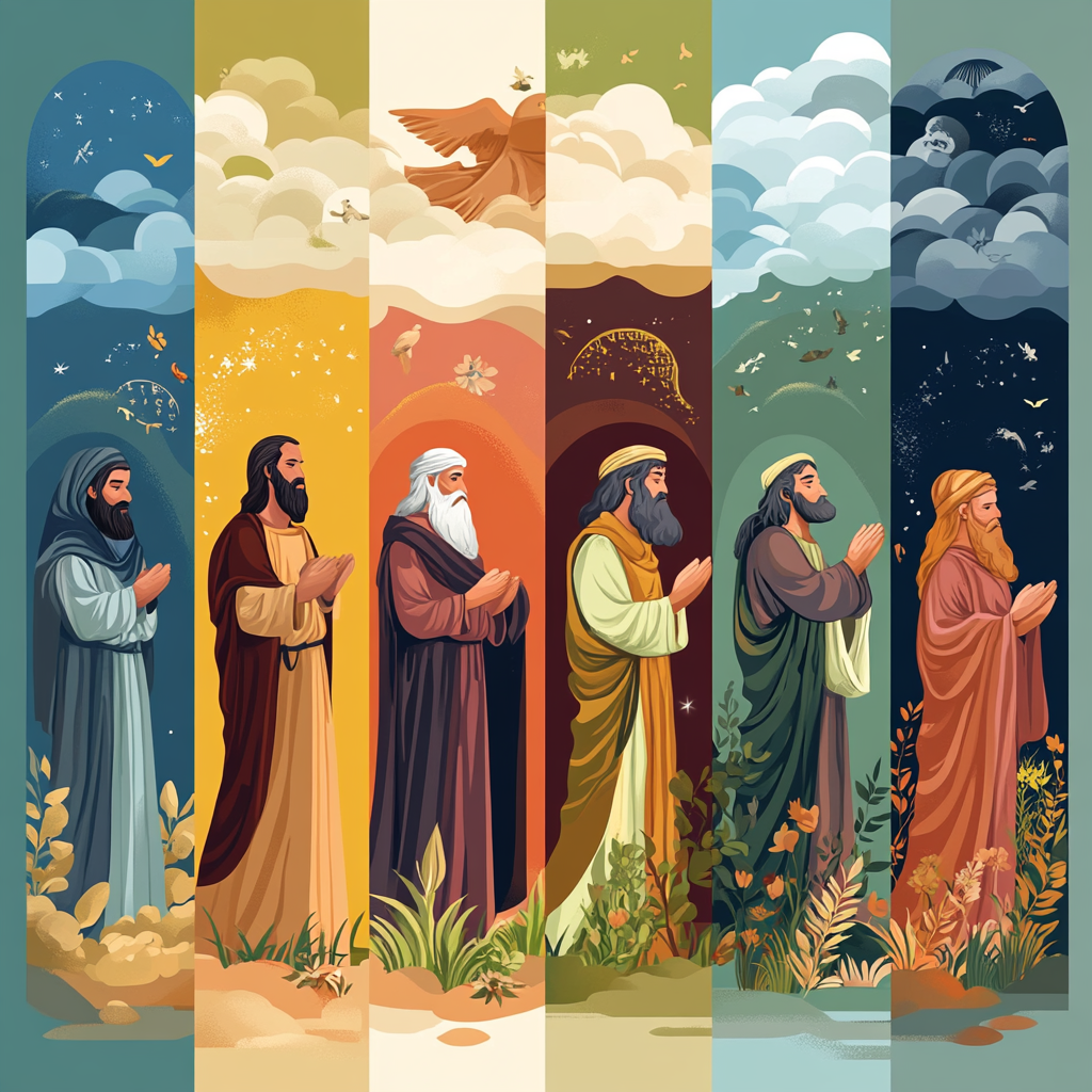 Historical figures Moses, Hannah, Elijah shown praying on timeline.