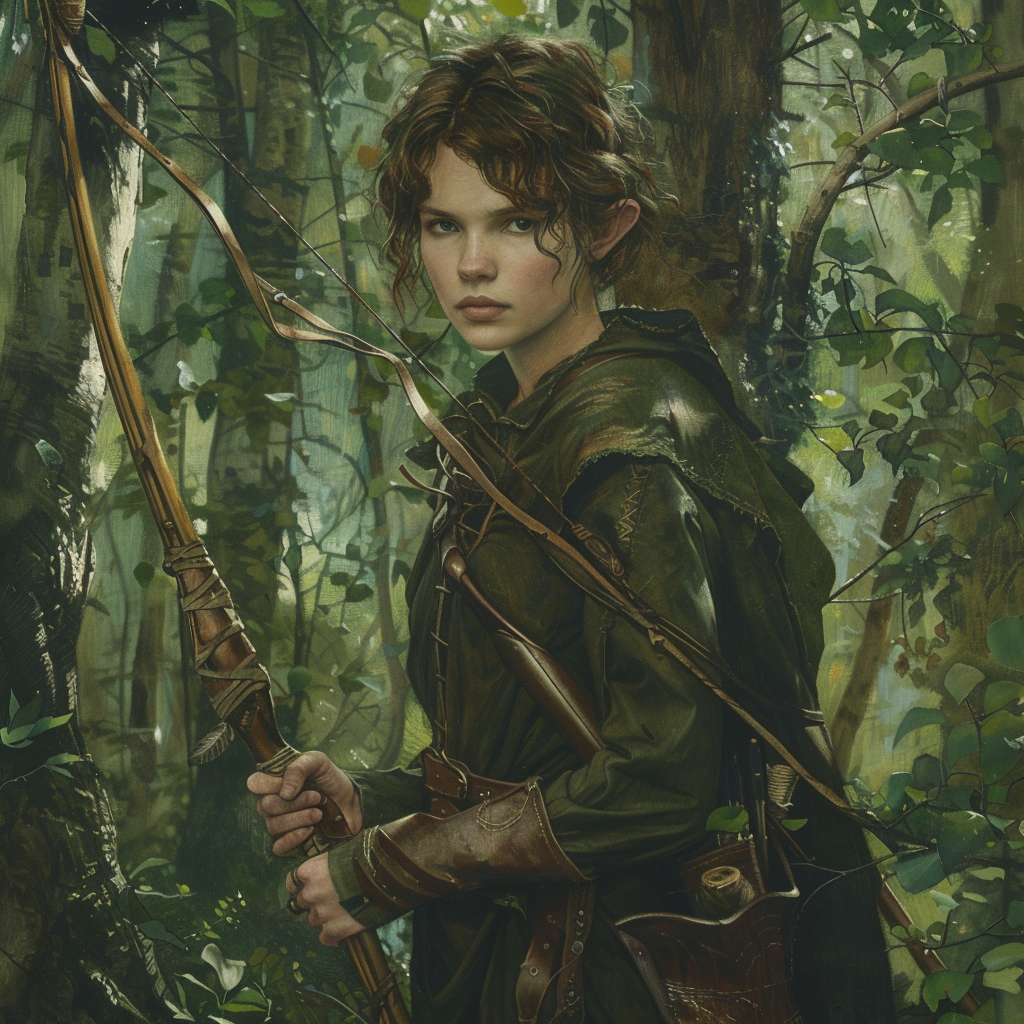 Hobbit girl in green cloak watches bandits in forest.