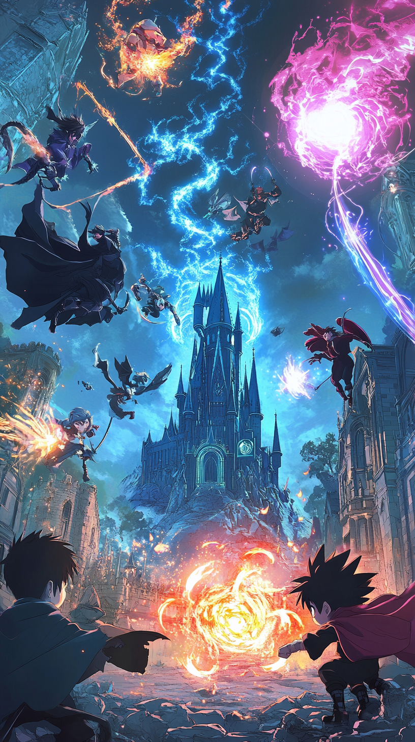 Hogwarts battle: Maleficent, Naruto, Iron Man, Jafar, Elsa.