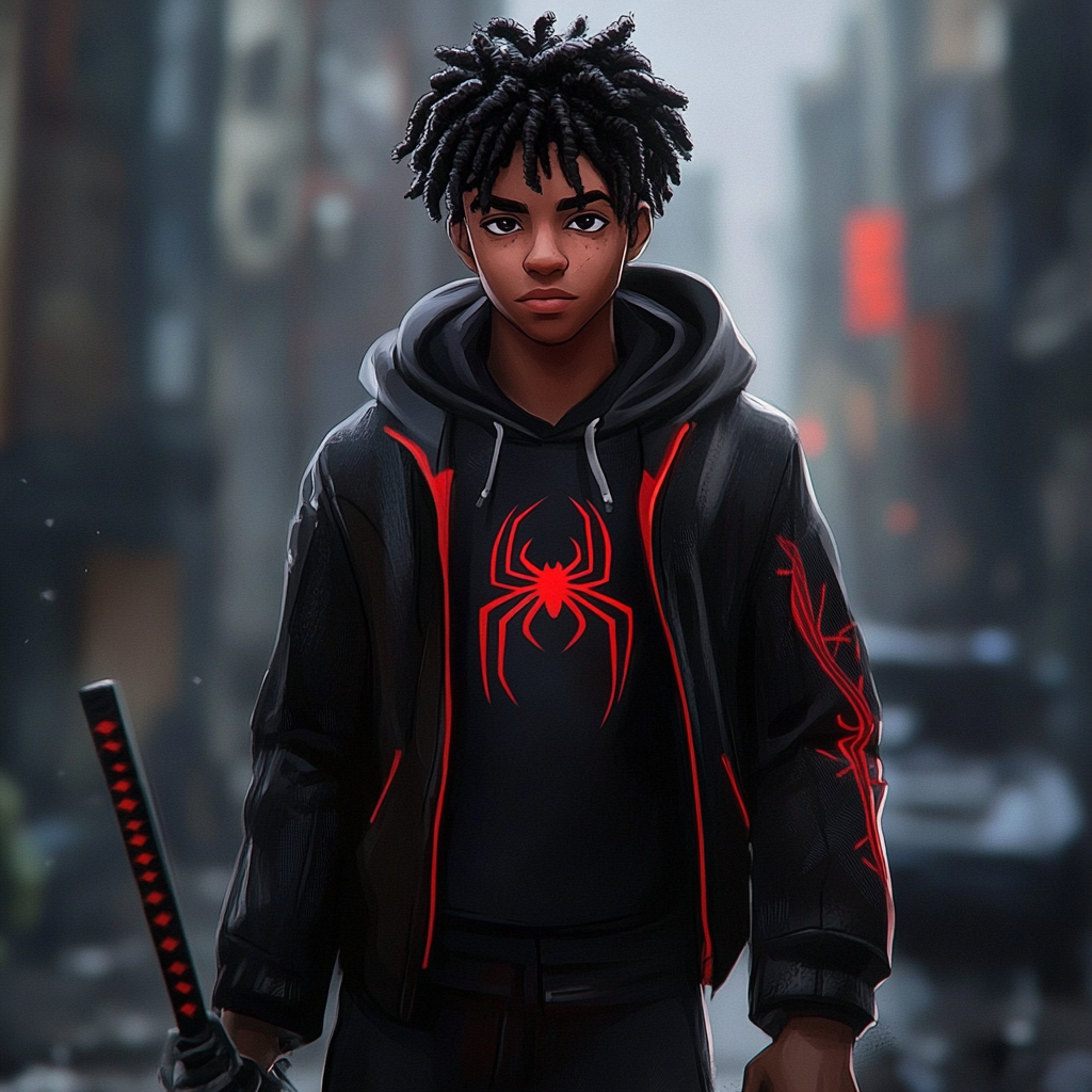 Homem-Aranha Miles Morales com casaco preto e katana.