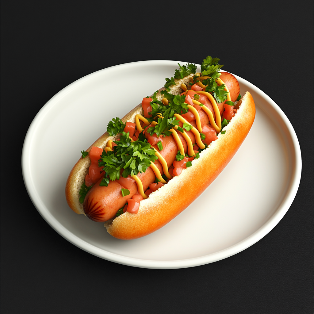 Hotdog on white plate with garnish, high resolution.