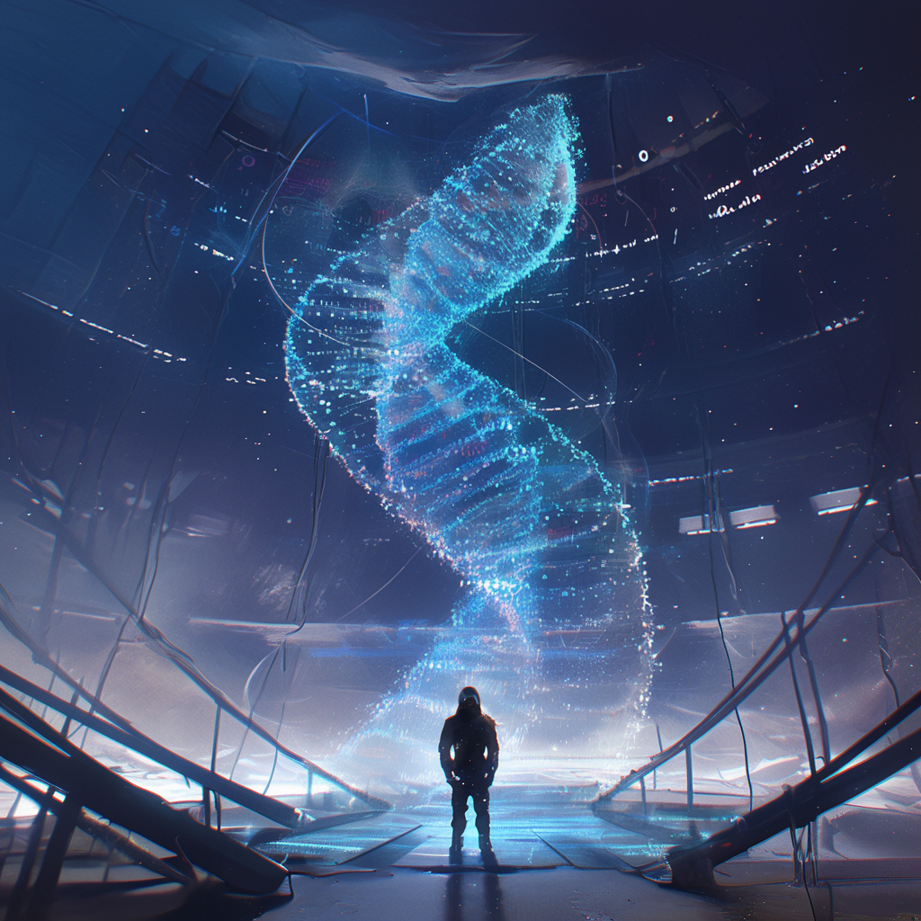 Human figure surrounded by DNA, transforming into binary code.