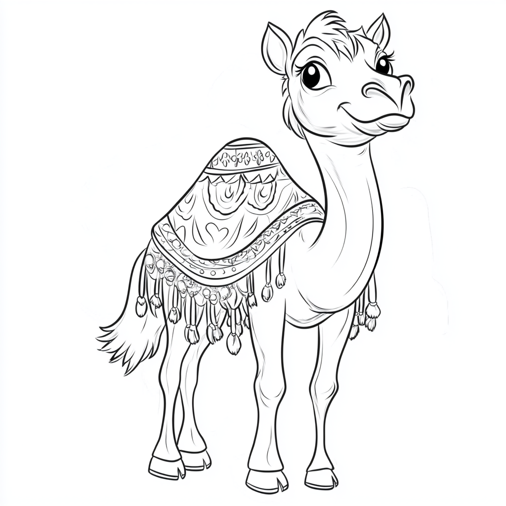 Humped dromedary coloring page for children, dreamlike Disney style.