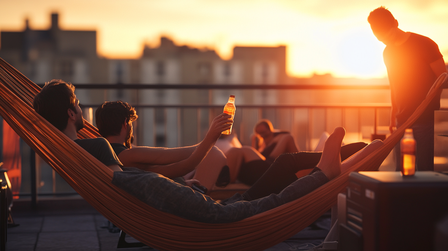 Hyper Realistic Sunset Rooftop Scene, Friends Relaxing