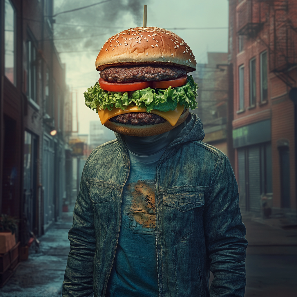 Hyper-realistic image of human body with hamburger face.