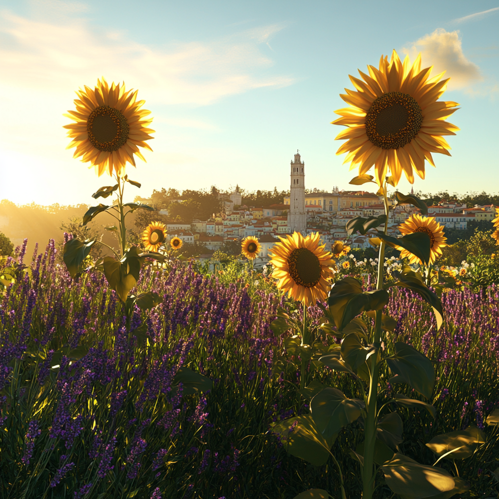 Hyper-realistic image of sunflowers with Lisbon landmarks, flora.