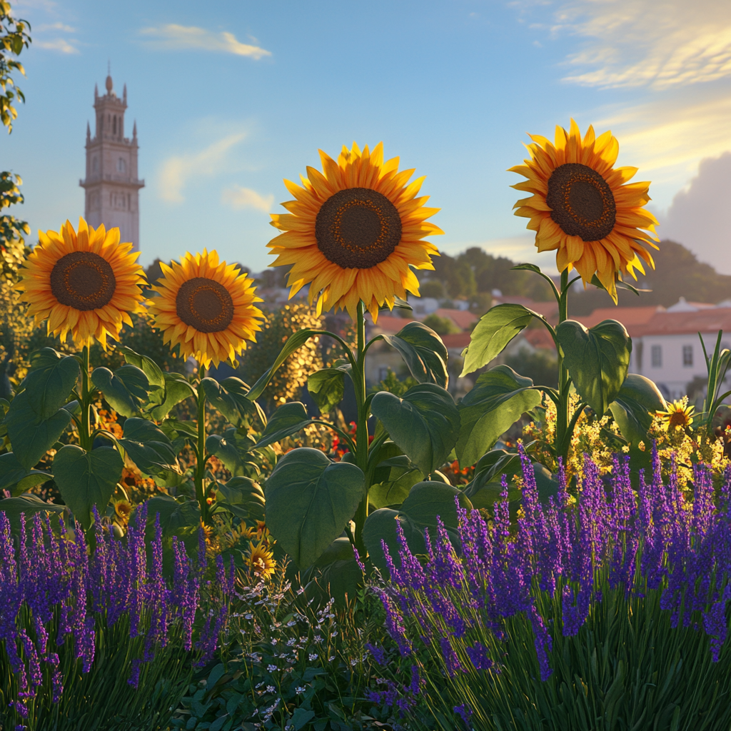 Hyper-realistic image of sunflowers with Lisbon landmarks.