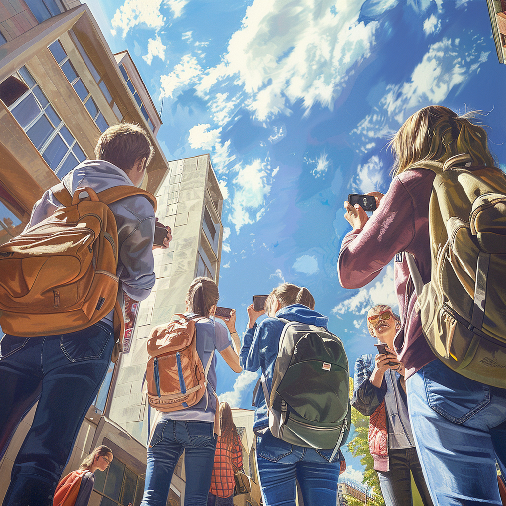 Hyper-realistic student 'geoselfies' in vibrant environment.