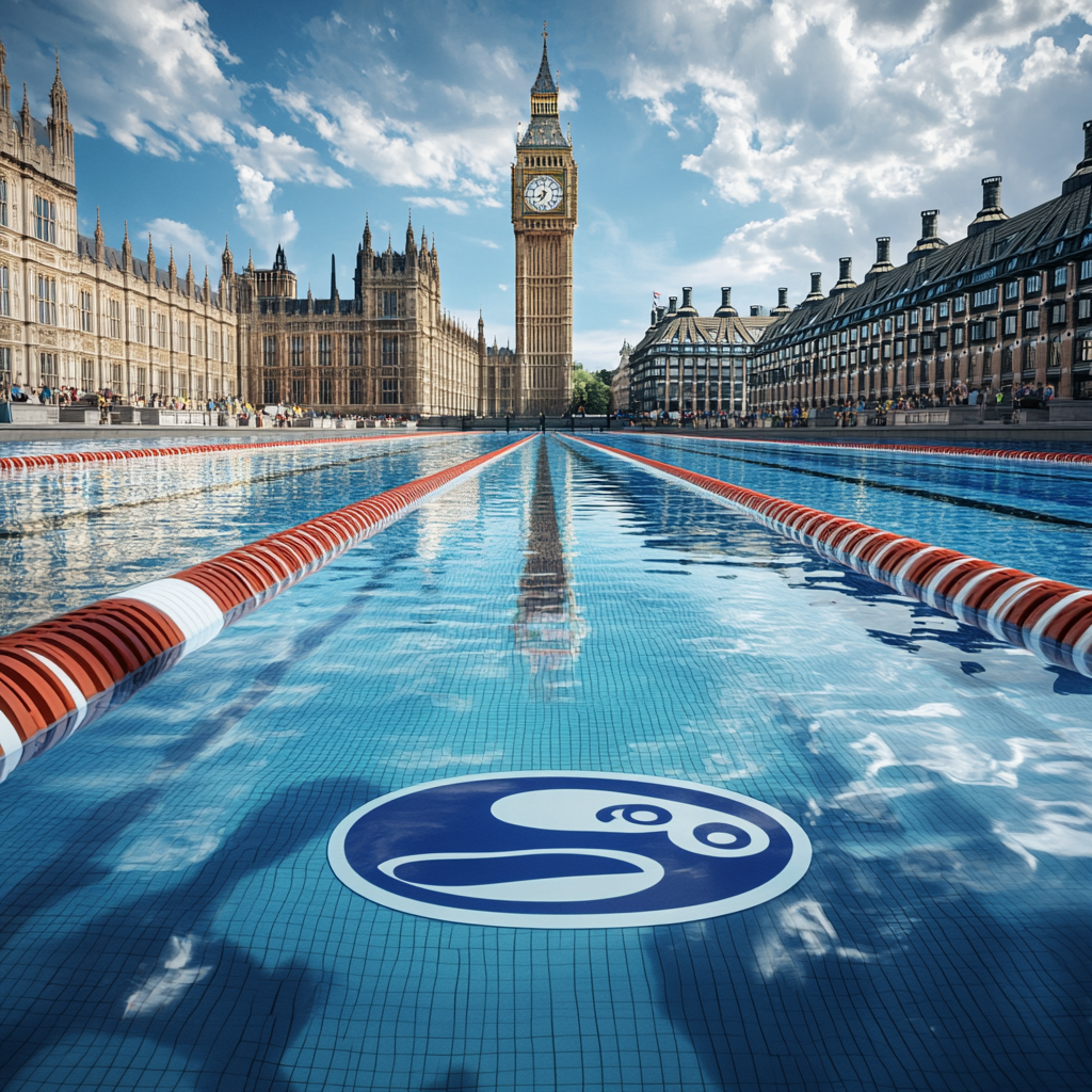 Hyperrealistic Olympic Swimming Pool with Speedo Logo, Big Ben, London. Fujifilm Style, AR 1:1