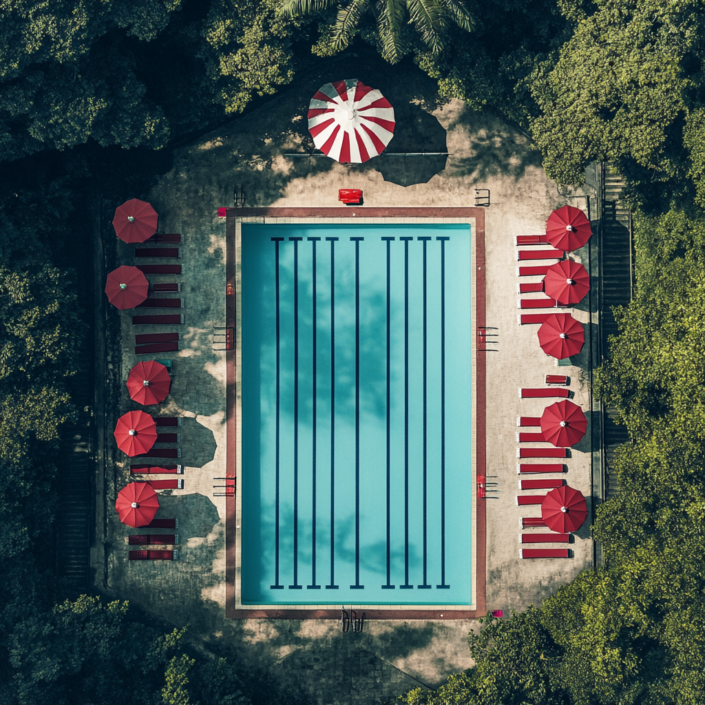 Iconic Olympic Swimming Pool in Amazon Jungle, Aerial Shot