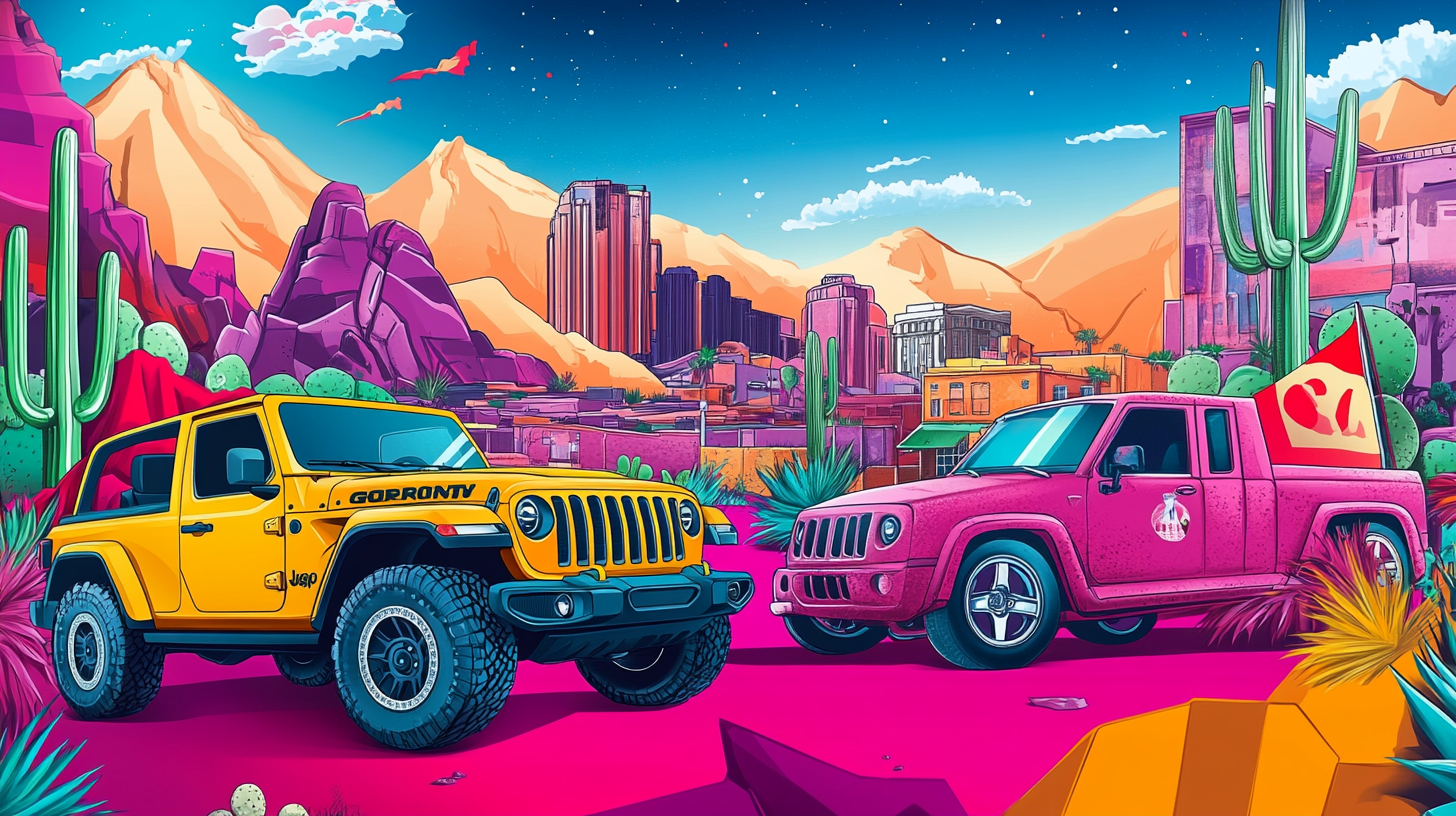 Illustrated Jeep Gladiator and Audi R8 parked together mural.