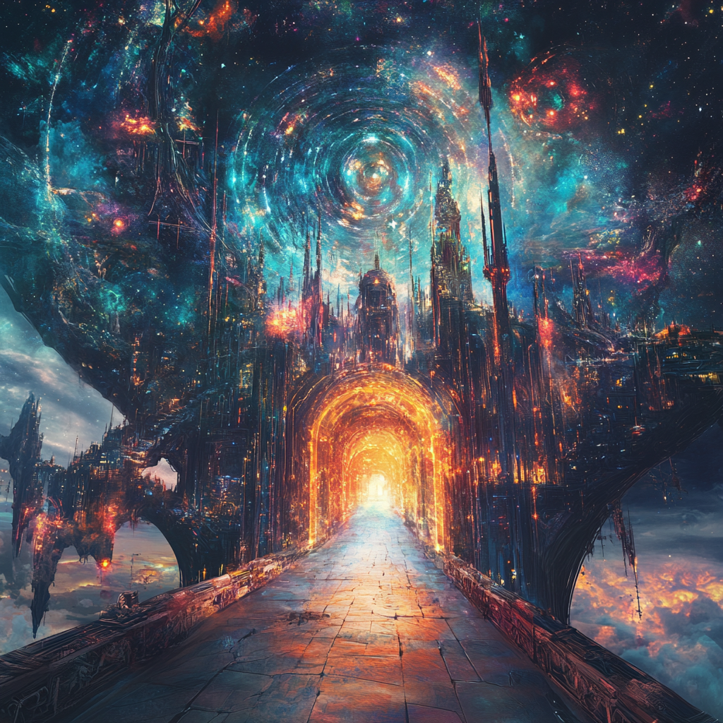 Illustrates traveling across dimensions with diverse surreal landscapes.