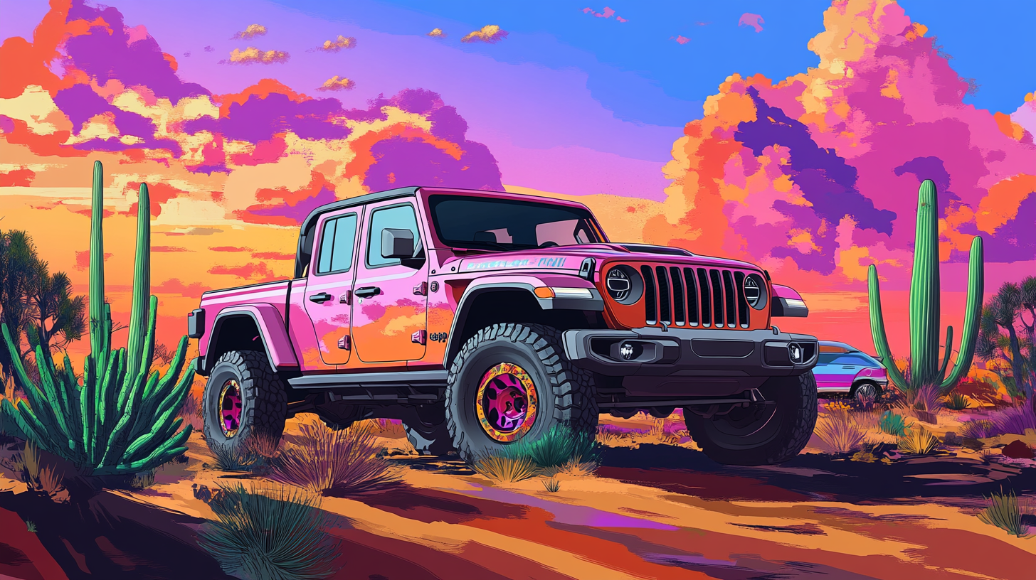 Illustration of Jeep Gladiator & Audi R8 in Arizona desert.