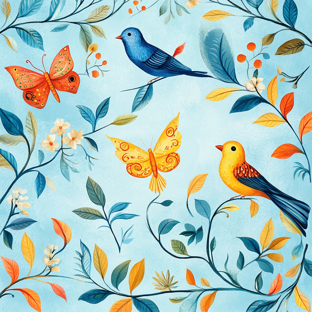 Illustration of colorful birds and butterflies among decorative leaves.