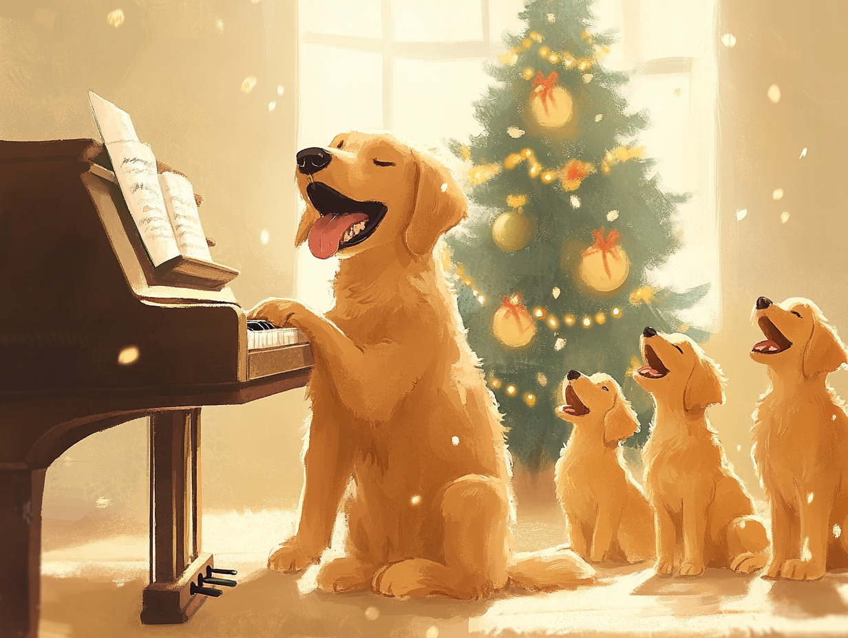 Illustration of dogs playing piano with other dogs singing.