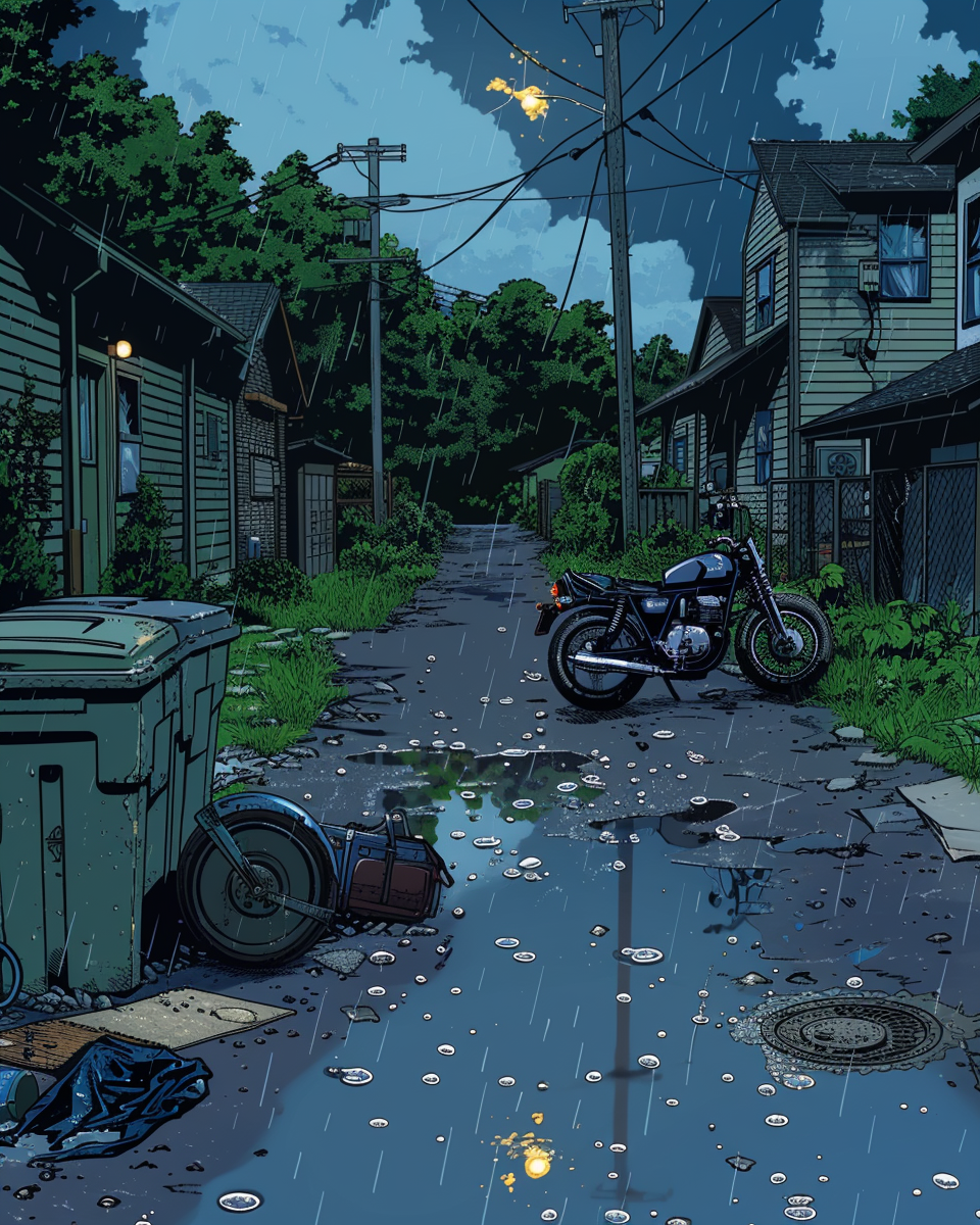 Illustration of narrow alley with motorbike, recycling bins, chair.