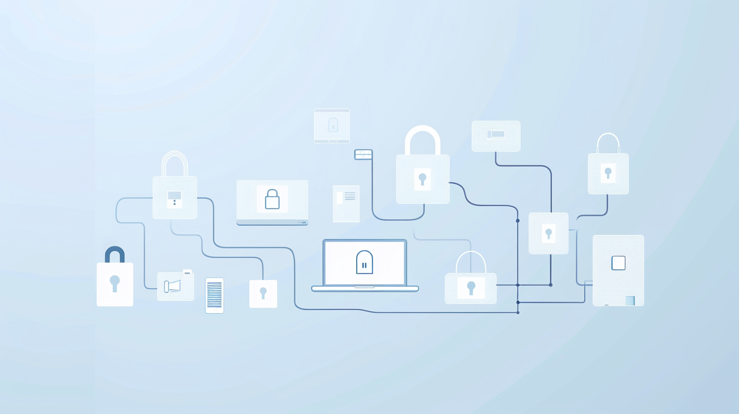 Illustration of secure data flow, connected devices, locked icons.