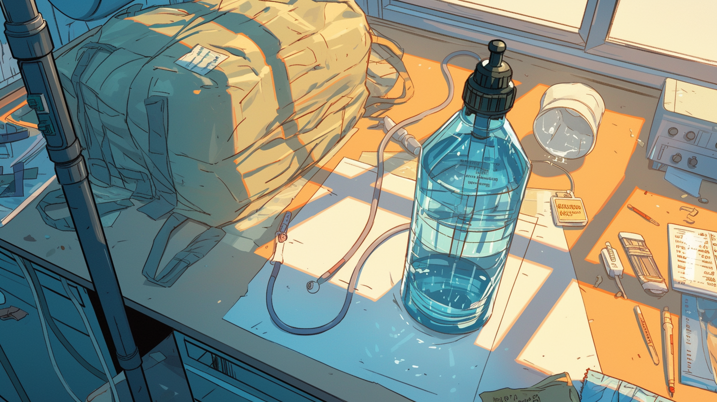 Illustration of water bottle, salt bag on table.