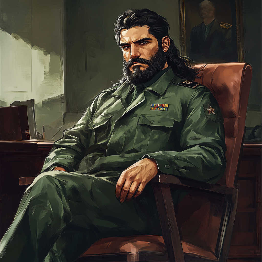 Illustration of young communist dictator in green army fatigues.