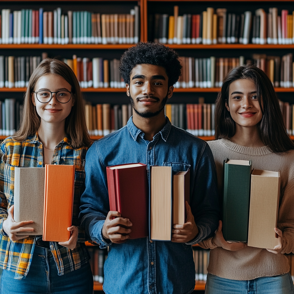 Image of 3 students in library holding books