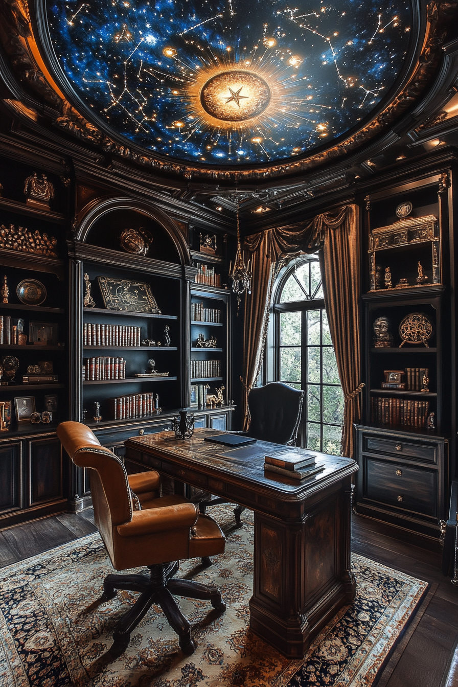 Image of Gothic-themed study with mystic symbols.