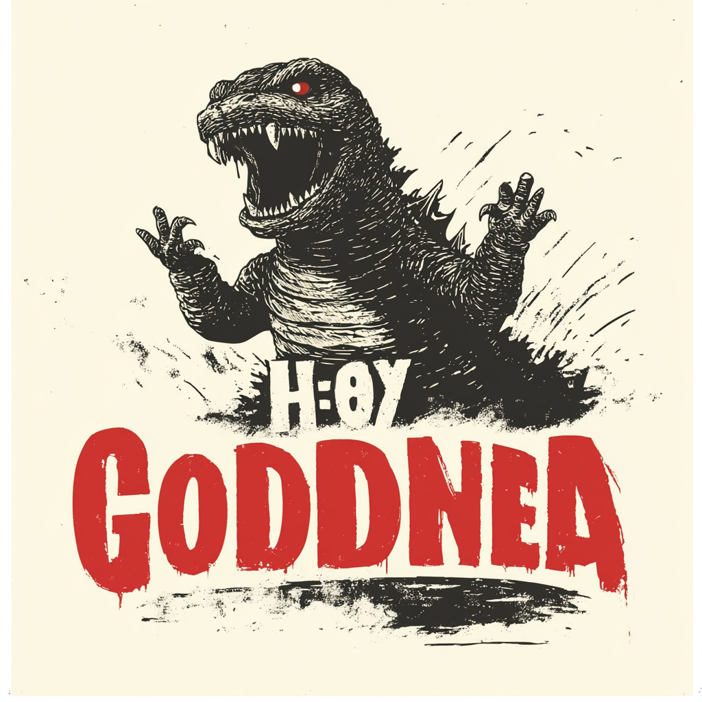 Image: Vintage-style 'Oh no, here comes Godzilla' movie poster.