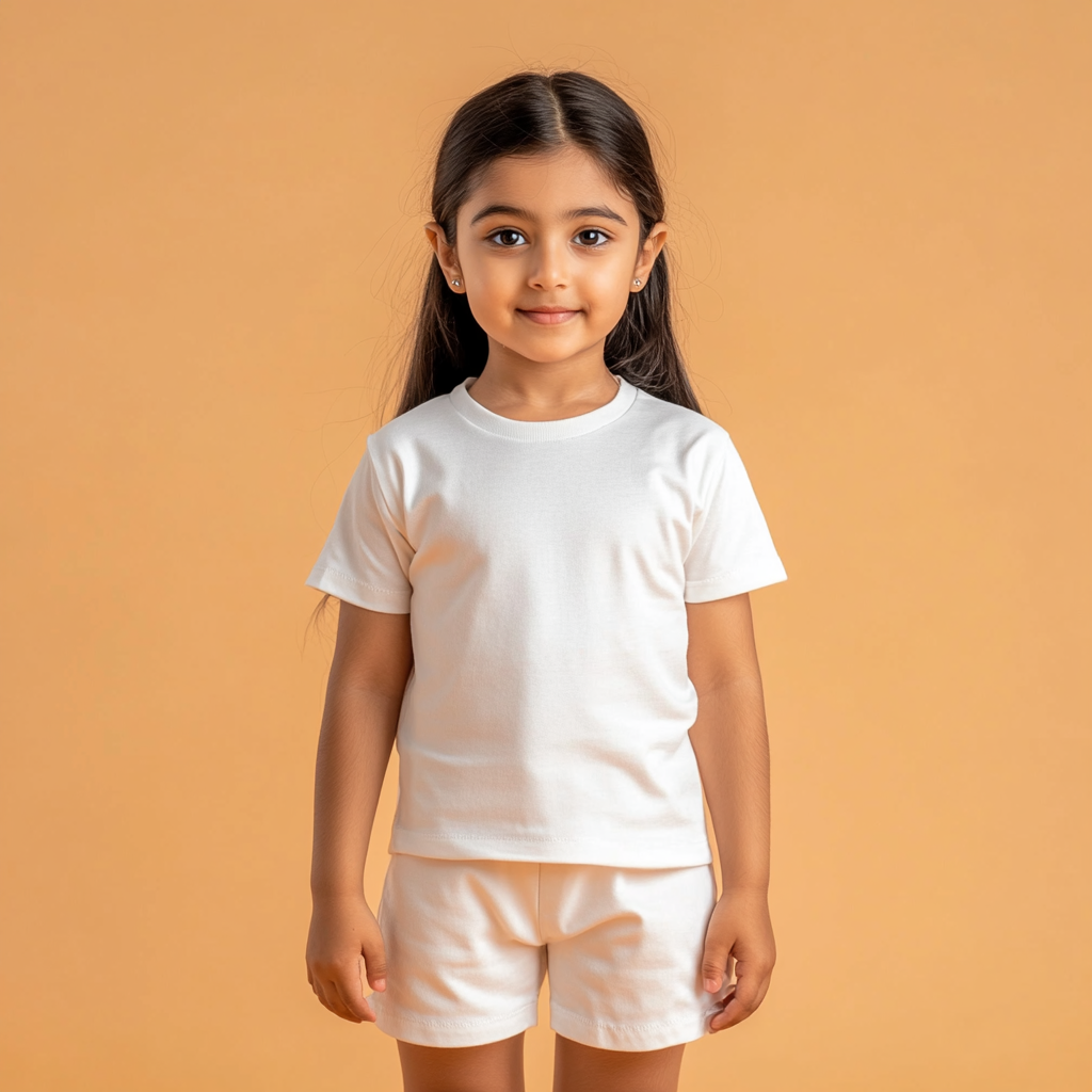 Indian girl in white outfit with smooth hair standing