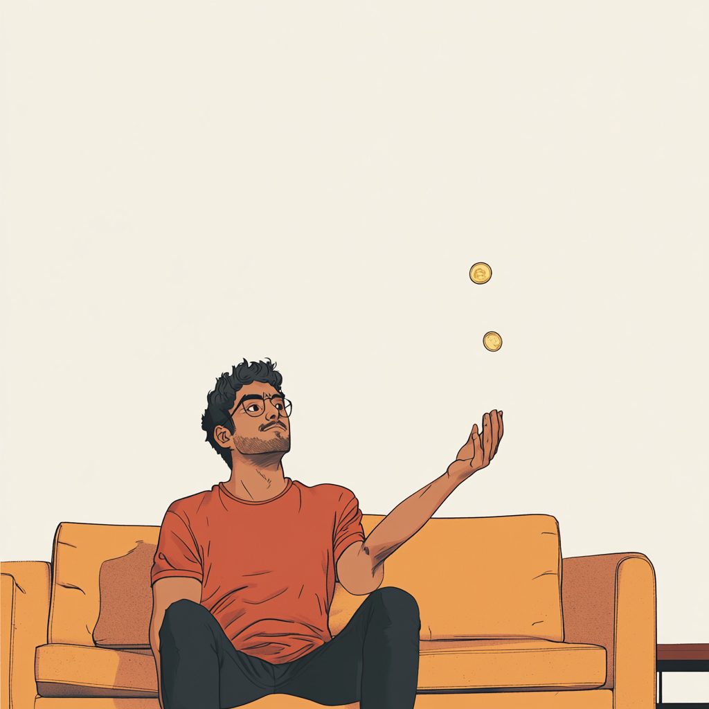 Indian person on couch flipping coin, modern atmosphere.