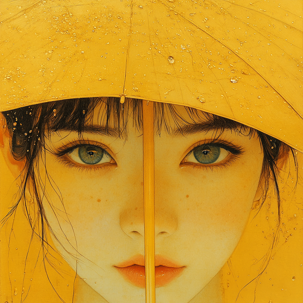 Indian woman in casual clothes under yellow umbrella in rain.