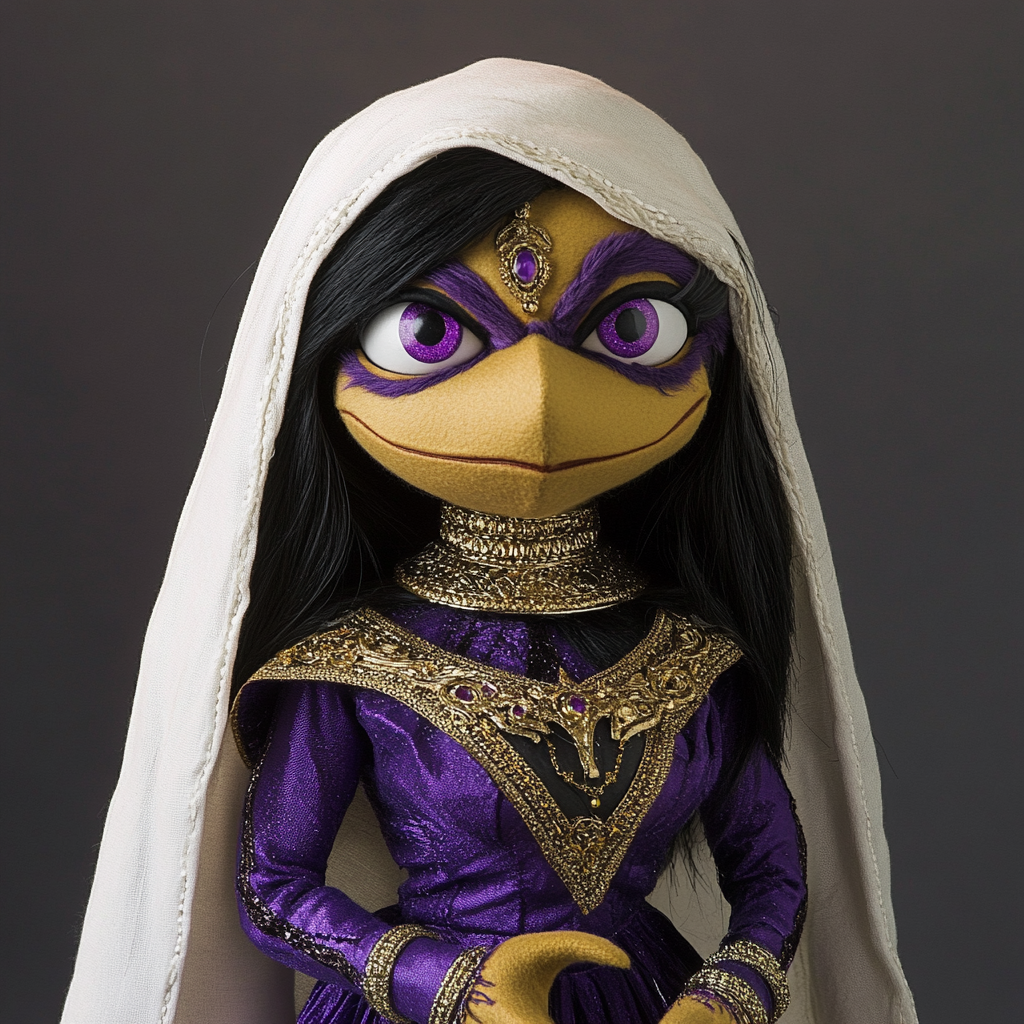 Indian woman puppet in purple superhero costume with cape.