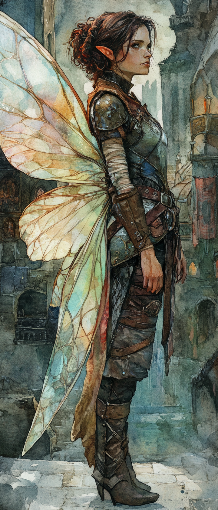 Insect-winged tinker in leather armor, eerie medieval city.